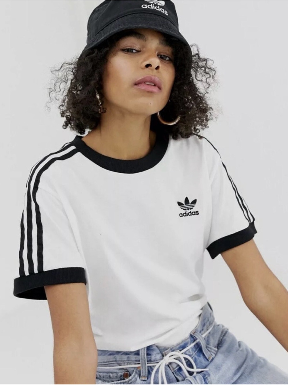 adidas White Tee with Black Ribbed Collar and Cuffs